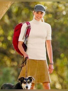 Athleta Whenever Corduroy Skirt in Cognac brown.